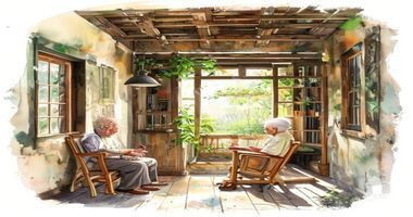 农村老屋堂屋内祖母坐在木椅上，手持戒尺，孙子垂手站立，阳光从窗格透入，画面古朴温情，适合隔代亲情作文配图