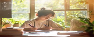 学生在书桌前认真写作，桌上摆着作文素材书与笔记本，阳光从窗户洒入，氛围温馨专注，适合写作指导文章配图