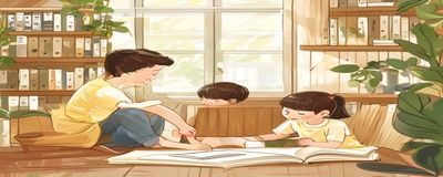 家长与孩子坐在书房一起翻阅作文书，画面温馨，亲子互动氛围浓厚，适合家庭教育作文素材文章配图